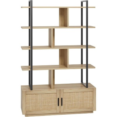 COUCHETA Industrial 5-Tier Bookcase with Rattan Doors - Open Shelves & Storage Cabinet, Metal Frame, 71" Tall