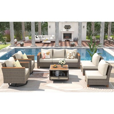 YOOCOZZ 7-Piece Wicker Conversation Set with Thick Cushion and Acacia Storage Table