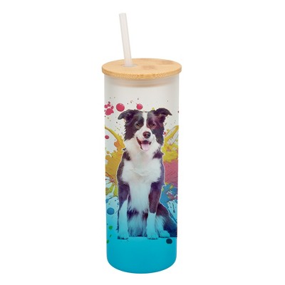 100 North 25 Ounce Frosted Glass Gradient Travel Tumbler With Straw & Wooden Lid, Border Collie Dog Paint Splatter Sky Blue