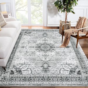 8x10 Large Washable Area Rug, Blue Non Slip Carpet, Stain Resistance Vintage Room Rug, Indoor Floor Carpet for Living Room, Low Profile Rug, Boho Rug - 1 of 4