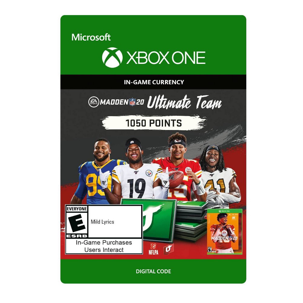 Madden NFL 20: Ultimate Team 1050 Points - Xbox One (Digital) Feel like an NFL Superstar in Madden NFL 20 and get a jump start on the competition with 1050 Madden Ultimate Team Points. Compete in the ultimate NFL fantasy team-building mode featuring your favorite NFL players from the past and present. Play games, collect rewards, and upgrade your team with engaging live challenges all year long. REQUIRES MADDEN NFL 20 ON XBOX ONE (SOLD SEPARATELY) AND ALL GAME UPDATES.