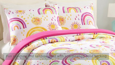 Full Pink Microfiber Reversible Comforter Set with Rainbows and Suns