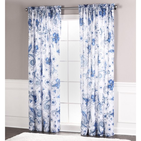 Set 2 Blue Pink White Spring Floral Curtains Panels Drapes 84 inch L Darkening 