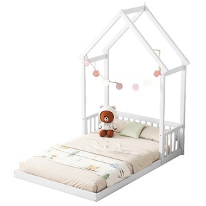 FONTOI Beds, Full Floor Bed with Headboard, Wood Bed with Guardrails for Girls and Boys, White, 60"*87.7"*77.8" - 1 of 4