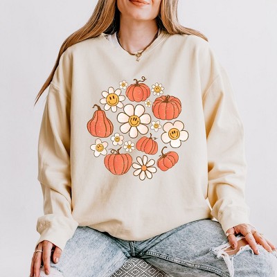 Simply Sage Market Women's Lightweight Garment Dyed Graphic Sweatshirt Circle Pumpkin Flowers