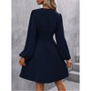 Coolmee Womens Wrap Midi Dress V-Neck Puff Long Sleeve High Waist Elegant Pleated Ruched Work Outfits Dresses S Navy - 3 of 4