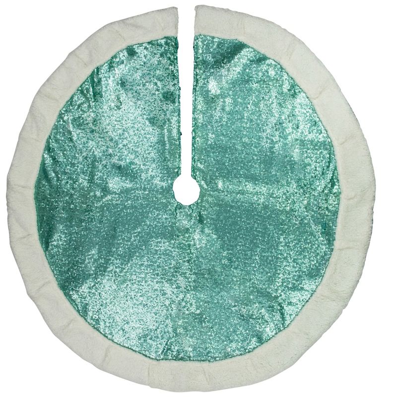 Northlight 47" Mint Green Sequins Christmas Tree Skirt with White High Pile Fleece Fur Trim, 1 of 6