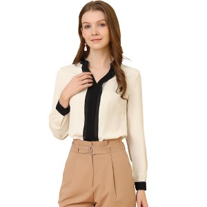 Allegra K Women's Split Neck Pleated Front Office Work Contrast Color Blouse - 1 of 4
