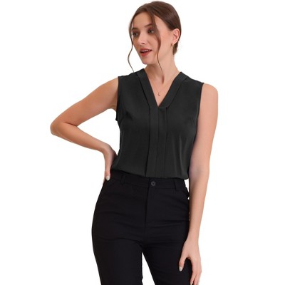 INSPIRE CHIC Women's Pleated V Neck Solid Work Sleeveless Blouse