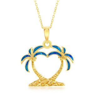 Opalata Sterling Silver Blue Inlay Opal Two Palm Trees 18" Pendant Necklace - Gold Plated - Blue - 1 of 2