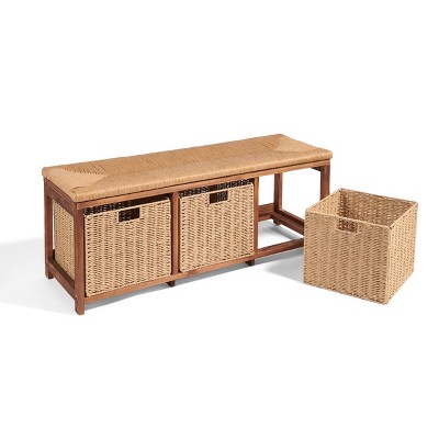 Brown Pine Kid's Storage Bench with Woven Top and Baskets