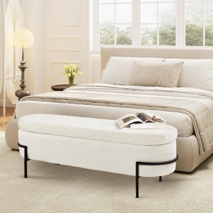 Upholstered Boucle Storage Ottoman Bench, Faux Shearling Oval Ottoman for Living Room Bedroom - 1 of 4