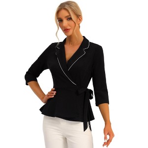 Allegra K Women's Notch Lapel Collar 3/4 Sleeve Tie Waist Peplum Top - 1 of 4
