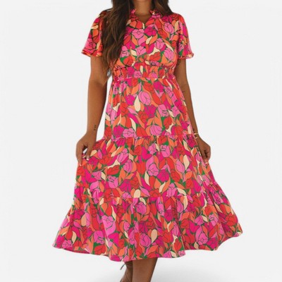 Amaryllis Women's Button Front Smocked Waist Maxi Dress Short Flutter Sleeves Floral Print Tiered Skirt Flowy Dress