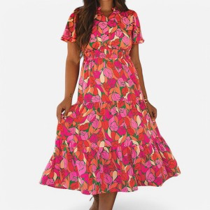 Amaryllis Women's Button Front Smocked Waist Maxi Dress Short Flutter Sleeves Floral Print Tiered Skirt Flowy Dress - 1 of 4