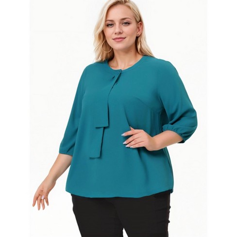 GRACE & GRANDEUR Women's Plus Size Tie Detail Dressy Casual 3/4 Sleeve Blouses - image 1 of 4