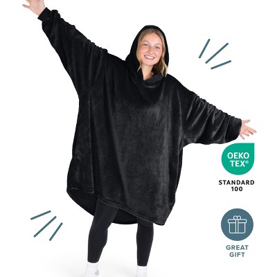 Black Microplush Hooded Wearable Blanket with Sleeves