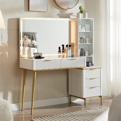 Fluted Makeup Vanity Tables with 36" HD Lighted Mirror, 48" Big Modern Vanity Desk with Glass Top & 5 Drawers & Shelves, Dressing Table, White