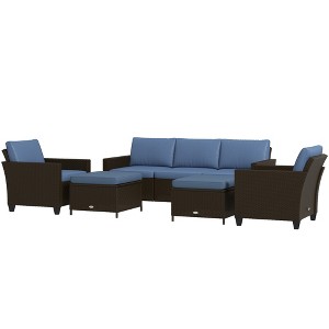 5-Piece Patio Furniture Set with PE Rattan Three-Seater Sofa, Armchairs, Footstools, Cushions - 1 of 4