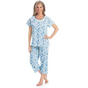 Collections Etc Comfy Floral Print Lace Detailed 2-Piece Capri Pajama Set - 1 of 4