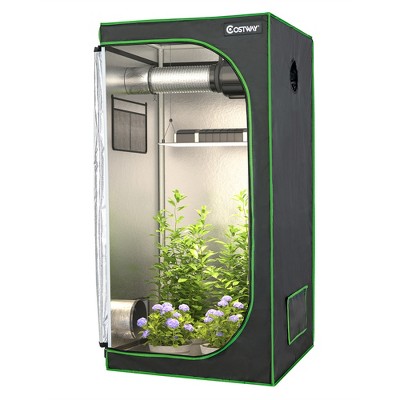 Costway 32''x32''x63''Mylar Hydroponic Grow Tent w/Observation Window & Floor Tray Gray\Black