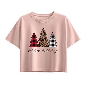 Girls' - Instant Message - Very Merry Plaid Leopard Trees Short Sleeve Boxy Graphic T-Shirt - 1 of 2