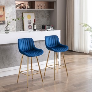 VYNXARIA 26 Inch Set of 2 Bar Stools,with Steel Frame Footrest Velvet Fabric Golden Leg Simple Bar Stool,Blue - 1 of 4