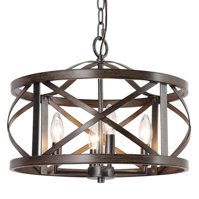 LNC Ribbon 4-Light 15.5" Farmhouse Drum Small Chandelier, Distressed Black and Antique Brown Wood Tone
