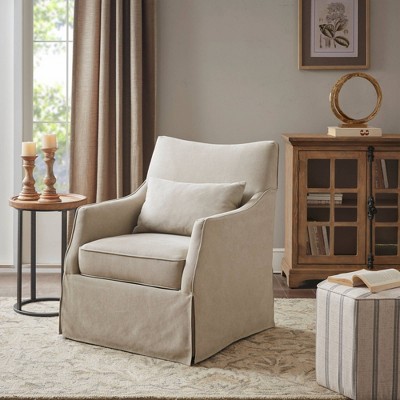 Beige Transitional Skirted Swivel Chair with Lumbar Pillow