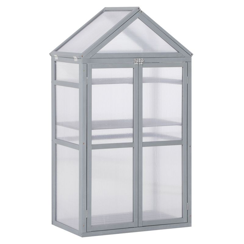 Outsunny 32" x 19" x 54" Garden Wood Cold Frame Greenhouse Flower Planter with Adjustable Shelves, Double Doors, 1 of 9