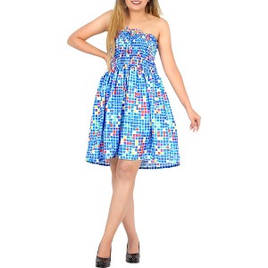 LA LEELA Women's House Daily Routine Evening Wear Boho Smocked Mini Swing Casual Backless Dress Tube Top Strapless for Women One Size Blue, Geometric - 1 of 4
