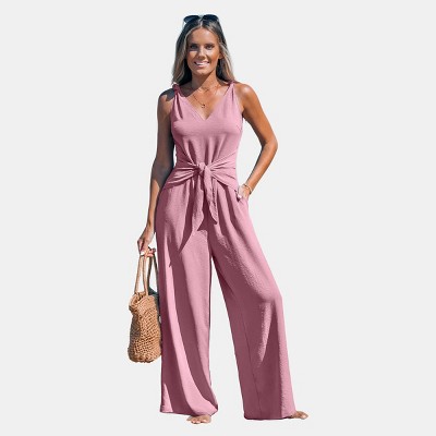Women's Elegant Navy Blue V-Neck Tie-Front Wide Leg Jumpsuit - Cupshe