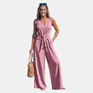 Women's Elegant V-Neck Tie-Front Wide Leg Jumpsuit -Cupshe - 1 of 4