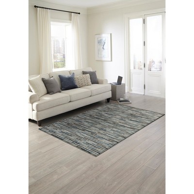 Blue and Gray Striped Wool Blend Rectangular Rug