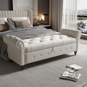 Cecily 63" Button-Tufted Large Storage Ottoman Upholstered Fabric Bench features rolled arms, window seating, and solid wood legs-Maison Boucle - 1 of 4