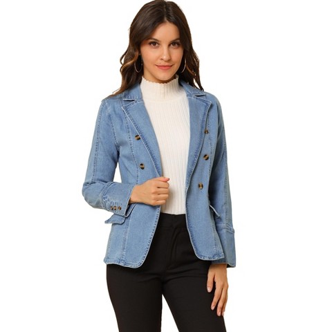 Allegra K Women's Regular Fit Casual Notched Lapel Long Sleeve Denim Pockets Blazer Medium Baby Blue