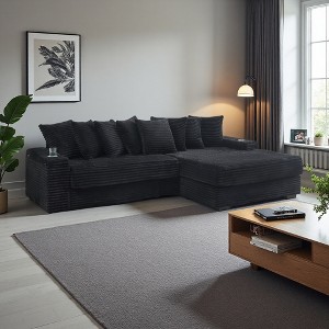 111.4" Corduroy L-Shaped Sectional Sofa with Armrest Cup Holder, Storage & Recliner - 1 of 4