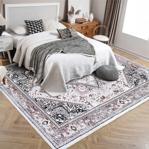 Vintage Washable Floral Area Rug: Non-Slip Distressed Oriental Carpet with Medallion – Low-Pile Accent Floor Mat for Living Room, Laundry Room - 1 of 4