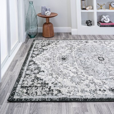 Gray and Black Medallion Synthetic 4' x 6' Area Rug