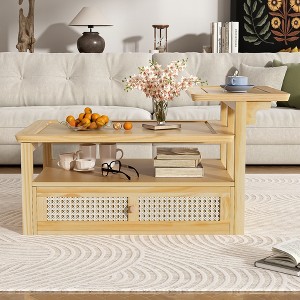 KIGFTSOD Modern Coffee Table, Coffee Table with 1 Storage Shelf, 2 Tabletops and 1 Rattan Drawer For Living Room - 1 of 4