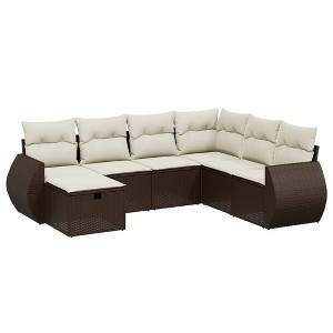 vidaXL 7 Piece Patio Sofa Set with Cushions - Brown and Cream Without Table - 1 of 4