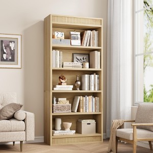 71" Tall Bookcase w/Display Rack & Fluted Design, 5 Tier Farmhouse Bookshelf with Wood Base - 1 of 4