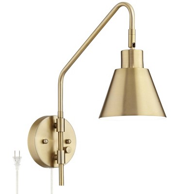 360 Lighting Adjustable Swing Arm Wall Lamp Antique Brass Plug-In Light Fixture Downlight Shade for Bedroom Reading Living Room