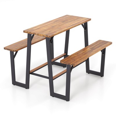 Costway Patio Picnic Table Bench Set with Acacia Wood Tabletop Benchtop Built-in Footrests
