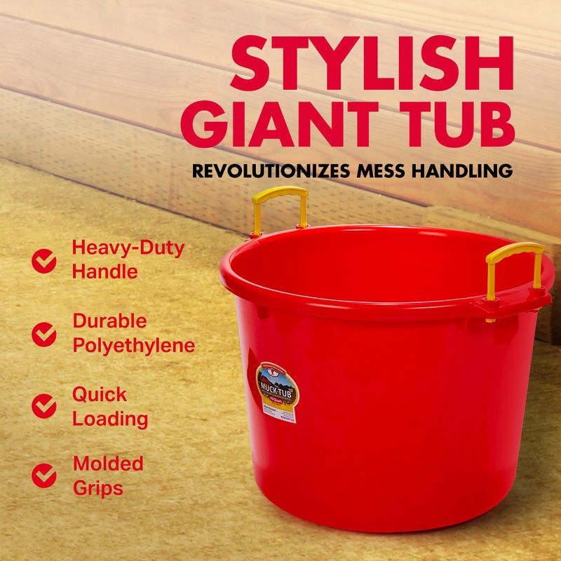 Little Giant 70 Quart Muck Tub Durable and Versatile Utility Bucket with Molded Plastic Rope Handles for Big or Small Cleanup Jobs, Red, 3 of 7