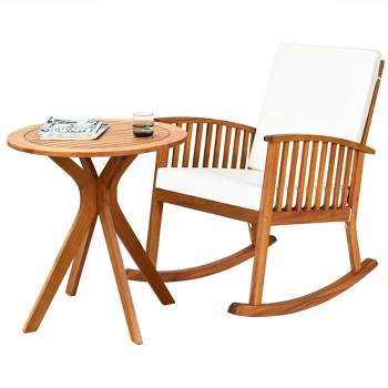 Costway 2PCS Patio Rocking Chair Set Round Table Solid Wood Cushioned Sofa Garden Deck