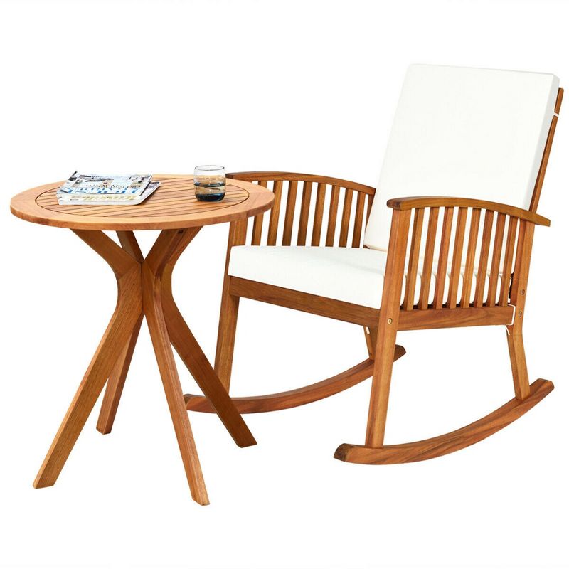 Costway 2PCS Patio Rocking Chair Set Round Table Solid Wood Cushioned Sofa Garden Deck, 1 of 10