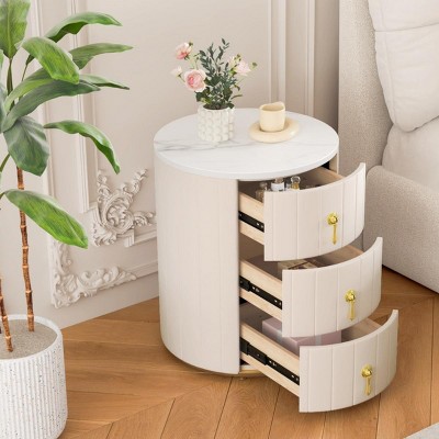 INFURNIC Nightstands Upholstered Nightstand with 3 Drawers Round Design Marbling Sticker Top Metal Handles, Beige, 15.75"*15.75"*20.67"