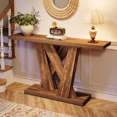 Rustic Brown 55'' Wood Console Table with Geometric Base