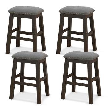 Tangkula 4PCS 24.5" Upholstered Saddle Bar Stools Dining Chairs w/ Wooden Legs Gray